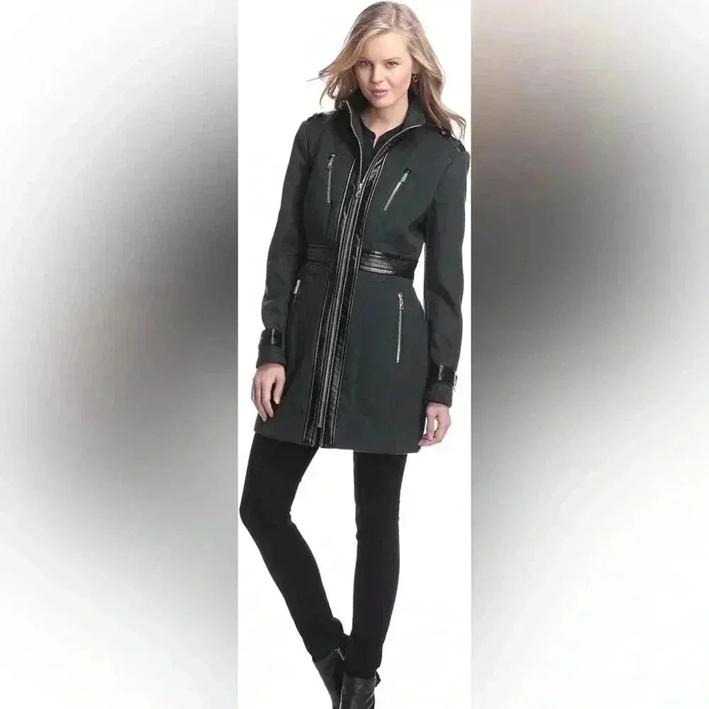 [S]  Miss Sixty Women's Zip Front Wool Blend Green Military Pea Coat